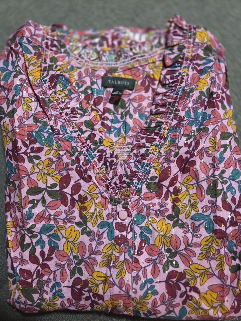 Talbots Pink Floral Ruffled V-Neck Button Blouse - Picture 2 of 3